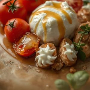 Burrata, tomates anciennes et réduction de vinaigre de bergamote
