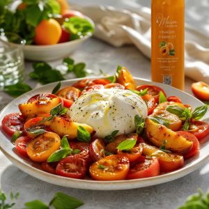 Salade de tomates, burrata, basilic et nectarines rôties, assaisonnée au vinaigre d'abricot La Maison Des Grands Lacs